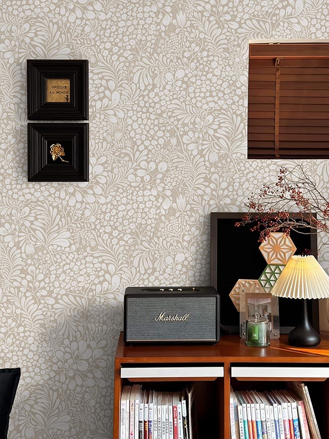 Heroad Peel and Stick Wallpaper Boho Beige Contact Paper Floral Wall Paper Removable Self Adhesive Wallpaper for Cabinet Bedroom Living Room Entryway Walls Bathroom Waterproof Vinyl Roll 17.3''x78.7''