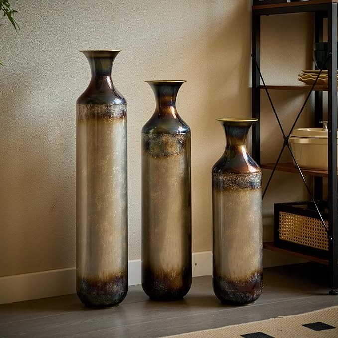 Metal Tall Floor Vases Set of 3, Hand-Forged Burnt Finish Rustic Floor Vase for Home Decor, 28.34 24.4 20.4 Inch Tall Decorative Vases for Farmhouse Industrial Living Room
