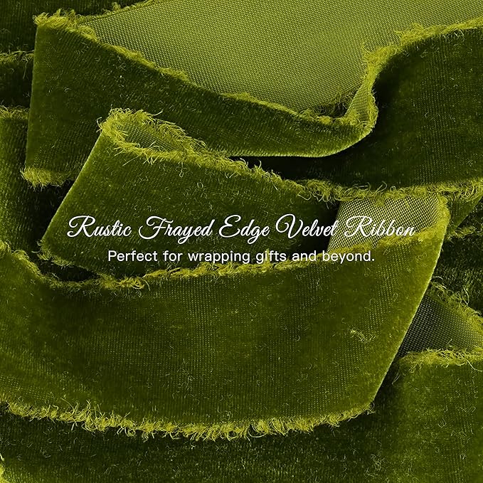 MAYREEL 2 Inch Moss Green Velvet Ribbon Hand Torn Olive Silk Frayed Edge for Bridal Bouquets Invitations Wedding Vow Books Gift Baskets Hair Bows 3 Yards
