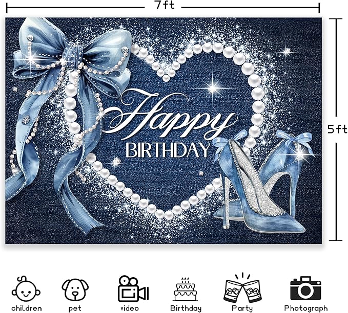 Denim and Diamonds Bow Backdrop 7Wx5H Photography Blue Coquette Happy Birthday for Women Girls Birthday Banner Background Silver High Heels Party Decorations Banner Photo Booth Props Supplies