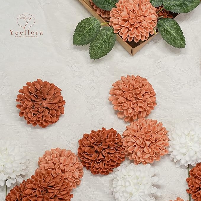 Artificial Flowers, 25pcs Rose for DIY Wedding Bouquets Centerpieces Arrangements, Terracotta Dahlia Flowers with Stem Bridal Shower Party Home Decorations