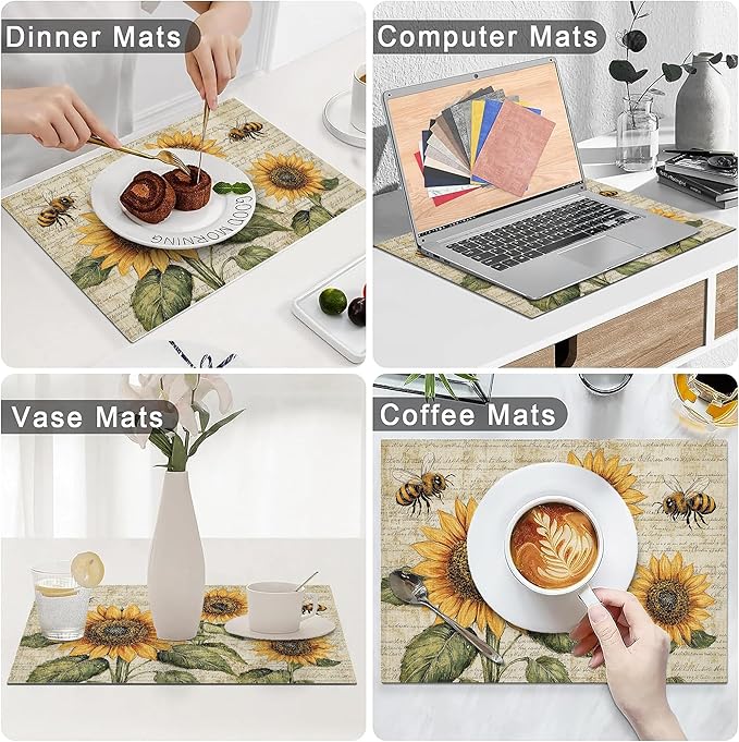 Vintage Sunflower Bee Placemats Set of 6 Washable Table Mats Rustic Spring Summer Floral Heat-Resistant Cotton Linen Place Mats for Dining Table Kitchen Indoor Outdoor Party Holiday Decor