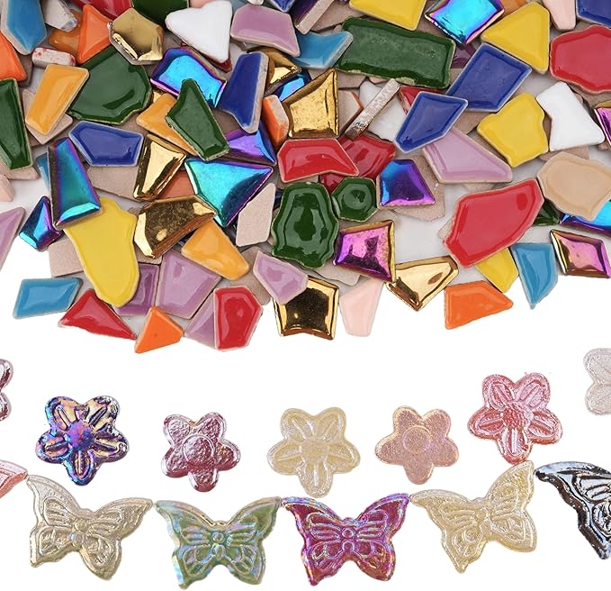 1.5 lb Ceramic Tiles for Mosaics - (Irregular, Flower & Butterfly Mix), Ceramic Mosaic Tiles for Crafts, DIY Art Project & Home Decor