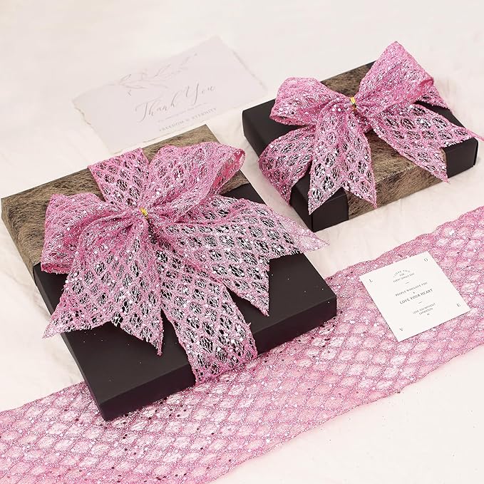VATIN 2-1/2" Pink Christmas Ribbon, Pink Glitter Mesh Diamond Web Sequin Dots Wired Christmas Ribbon for Gift Wrapping Bow Making Wreath Supply-10 Yards