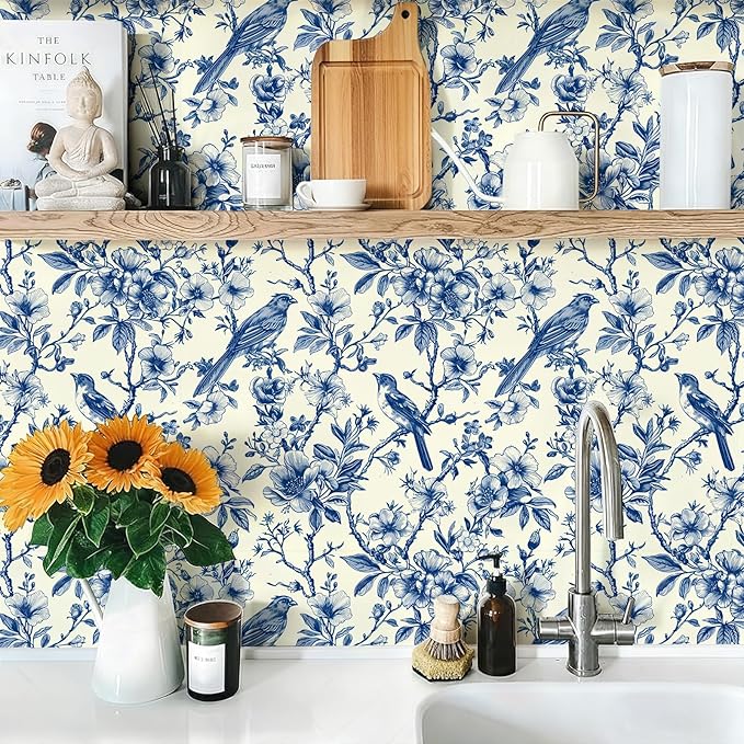 Floral Peel and Stick Vintage Animal Wallpaper Blue Bird Removable Botanical Leaf 17.7" x 236.22" Wall Paper Watercolor Self Adhesive Contact Paper for Classroom Bedroom Laundry Room Bathroom
