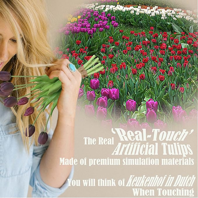 20pcs Artificial Tulip Flowers,16 Inch Real Touch Tulip Stems with Faux Leaves, Faux Tulips and Buds for Home Décor Centerpiece Ornament Wedding Bouquet,Midnight Purple