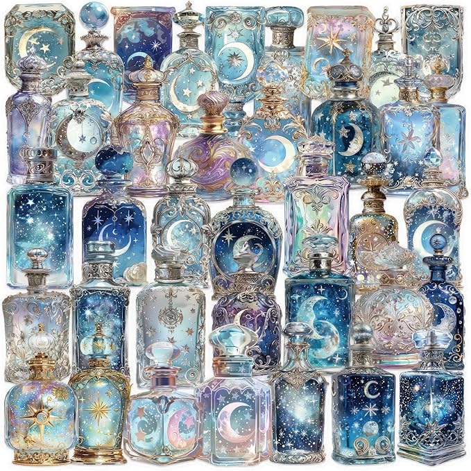 Moon & Celestial Stickers 50 Pack - Transparent PET Galaxy Stickers, Waterproof Cosmic Decals for Junk Journals, Planners, Laptops, Water Bottles - Dreamy Night Sky Starry Aesthetic Art