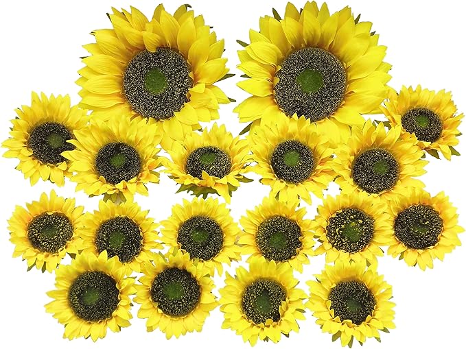 Artificial Flower 18pcs Three Different Sizes of Silk Sunflower Heads Real Looking Fake Sunflower for Hat Trim Cake Flower Home Décor Flower Wall Fence Wreath Wedding Baby Shower(Yellow)