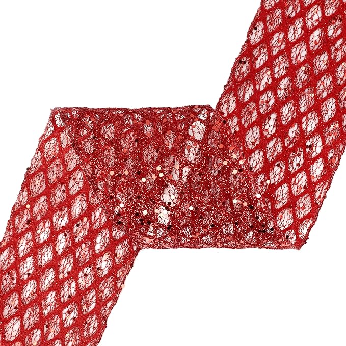 VATIN 4" Red Fall Ribbon, Red Glitter Mesh Diamond Web Sequin Dots Wired Christmas Ribbon for Gift Wrapping Bow Making Wreath Supply-10 Yards