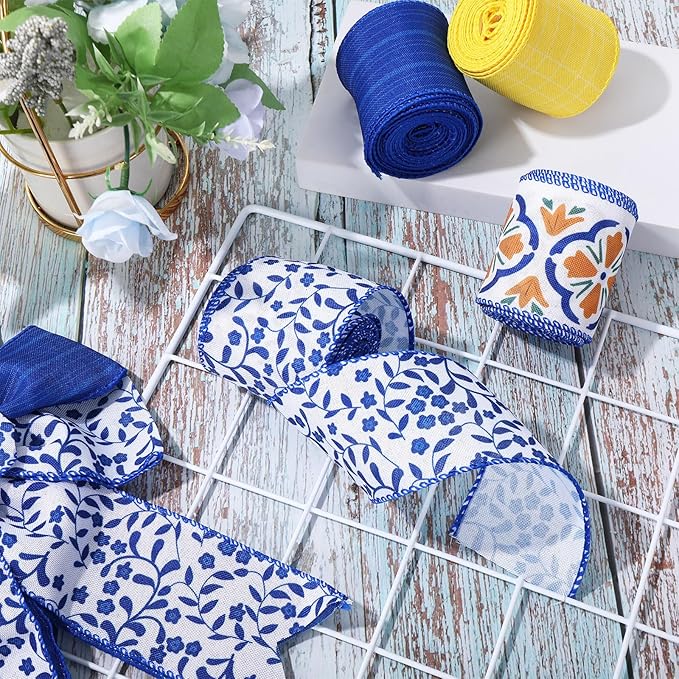 Boho Wired Edge Ribbon Blue Yellow Stripe Plaid Floral Leaves Fabric Craft Ribbon for Wedding Birthday Bridal Shower Wreath Bow Making, 4 Rolls, 24 Yards