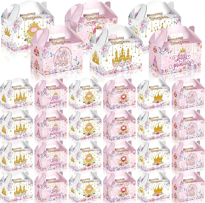 24 Pcs Princess Party Favors Boxes Little Princess Goodie Treat Candy Boxes with Handles Pink Gift Container for Girls Birthday Party Baby Shower Supplies