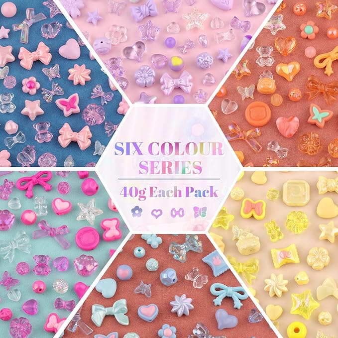 Assorted Acrylic Beads, 400-450PCS 6 Mixed Series Cute Beads for Bracelet Making, GummyBear Bow Flower Kawaii Charms for Jewelry Making DIY Necklace Keychain Phone Charm Christmas Gift
