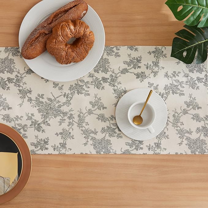 100% Cotton French Pastoral Table Runners, 13x48 Inch Black Farmhouse Table Runners 48 Inches Long, Vintage Flowers Print Home Decors