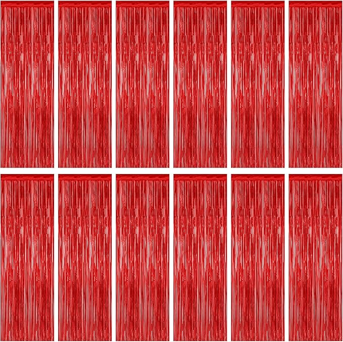 12 Pack Red Curtains, 3.28 FT x 7.05 FT Party Streamer, Metallic Party Backdrop Birthday Streamer Foil Curtains, Fringe Tinsel for Red Party Decor Casino Theme Decorations Party Supplies