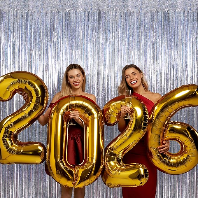 12 Pack Fringe Backdrop, 3.28 FT x 7.08 FT Glitter Silver Tinsel Curtain, Metallic Foil Curtains Party Streamer Disco Backdrop, Silver Party Decorations for New Year Birthday Holiday