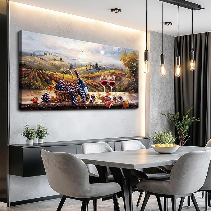 hyidecorart Rustic Wine Large Canvas Wall Art Dining Room Kitchen Still Life Painting Vintage Farmhouse Restaurant Decoration Colorful Artwork Prints for Bar Living Room Posters Landscape Wall Decor
