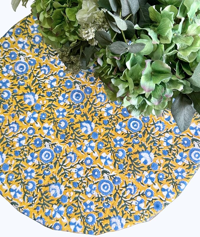 ATOSII Marigold Blue100% Cotton Round Tablecloth, Block Print Floral Table Cloth for Dining, Parties, Weddings, Outdoors, Holidays I 90" Inches, 6 Seater I Grandmillennial Farmhouse Spring Summer Boho