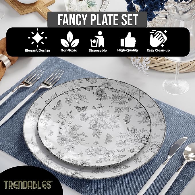 Trendables Plastic Plates For Party Supplies, Floral Disposable Plates For Party & Weddings 200 Pcs - 100 x 8 Dessert Plates & 100 x 10 Plastic Dinner Plates, Plate Set Disposable Dinnerware Sets