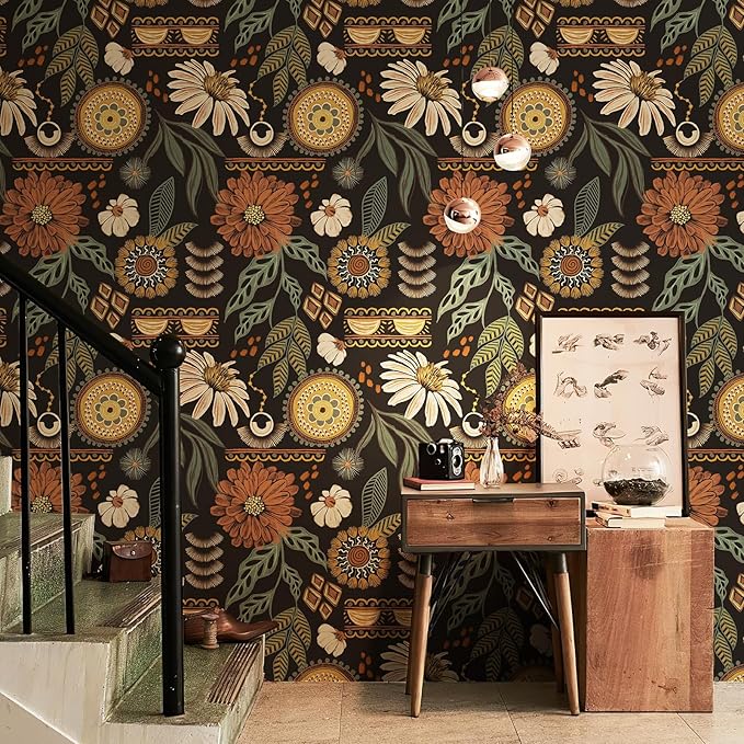 JiffDiff Boho Peel and Stick Wallpaper 17.3" x 120" Vintage Sun Floral Retro Removable Contact Paper Dark Botanical Flowers Bathroom Bedroom Renter Friendly Wall Mural