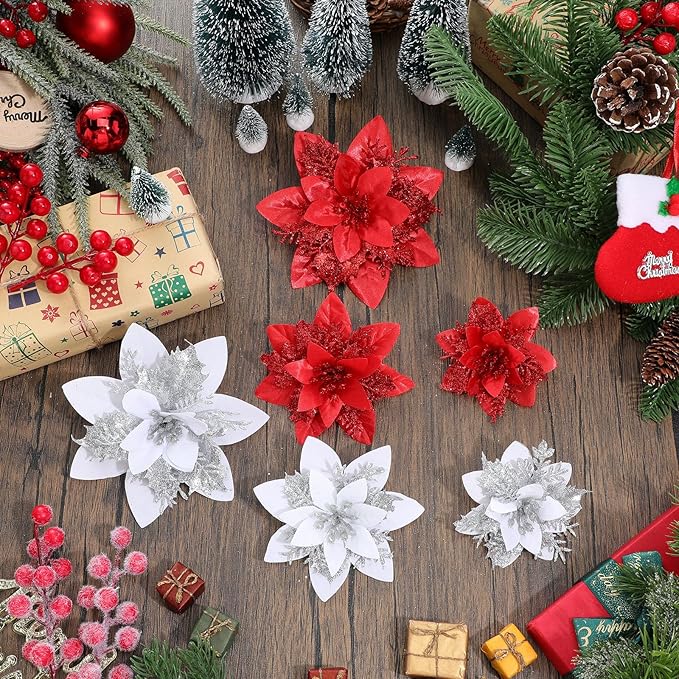 Geosar 24 Christmas Glitter Artificial Poinsettia Flowers Xmas Poinsettia Wedding Flowers Decorations Xmas Tree Ornaments with Clips for Party Favors, 6 Inch, 4 Inch, 3 Inch(Red and Sliver)