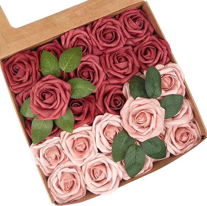 Artificial Flowers, 50pcs Hot Pink and Blush Artificial Rose for DIY Wedding Bouquets Centerpieces Arrangements, Fake Flower with Stem for Party Home Decorations