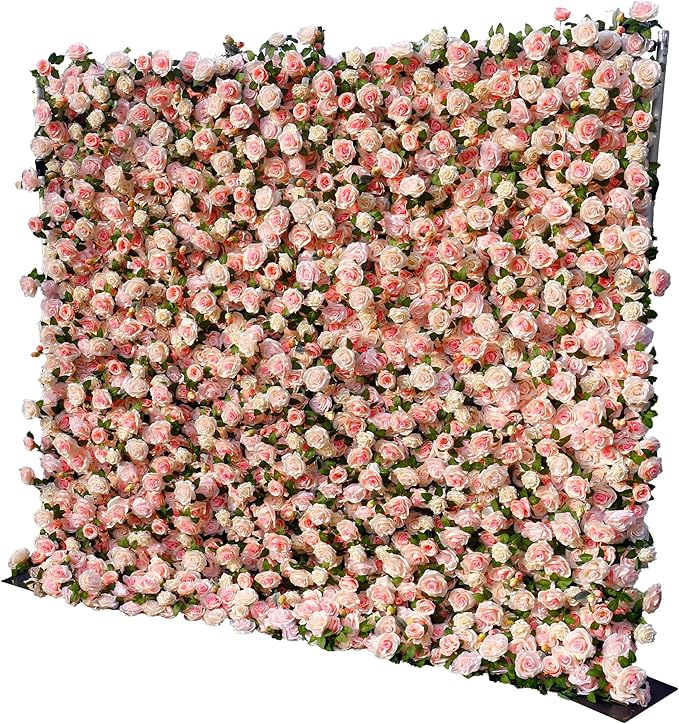 8×8 ft Artificial Pink Flower Wall Backdrop with Backdrop Stand, 2pcs 4×8 ft Panels, Assembly-Friendly Floral Backdrop for Weddings, Events, Studios & Window Displays