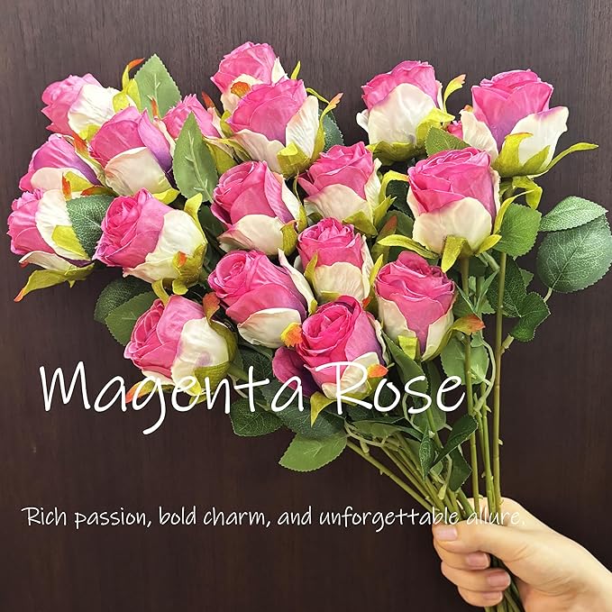 Artificial Roses 10 Pcs - Lifelike Single Stem Fake Roses with Natural Petal Texture,Fade-Resistant Silk Flowers for Wedding Decor,Home Vase Arrangements,Party Centerpieces(10, Magenta)