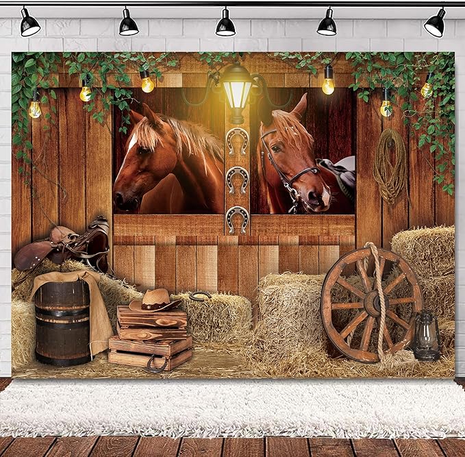 SVBright Western Cowboy Backdrop 7Wx5H Farmhouse Wooden Stable Brown Country Horse Barn Door Old Wood Wheels Boy Man Birthday Decorations Photography Background Banner Photo Booth Studio