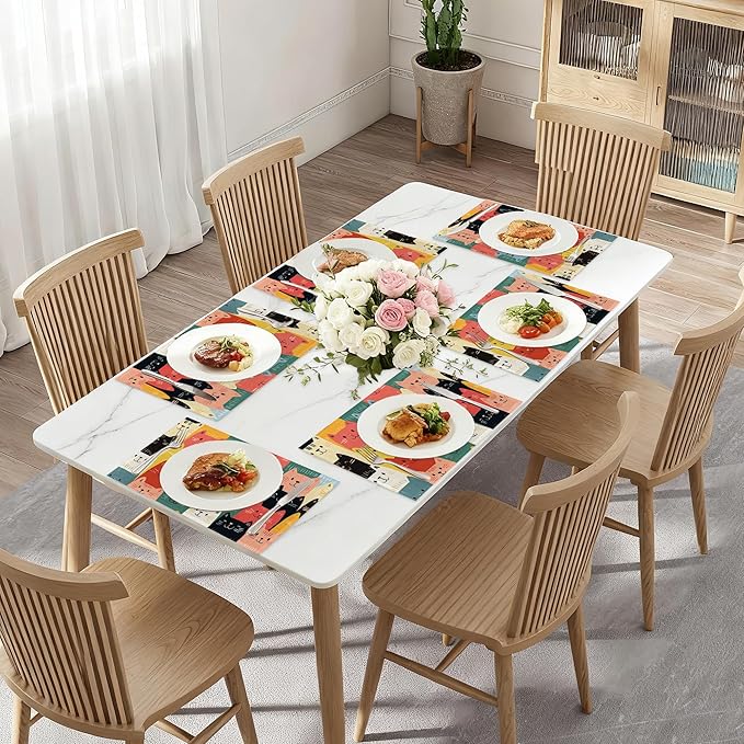 Cute Cat Placemat Set of 6,Heat Resistant Linen Table Mats for Indoor Outdoor Home Kitchen Dining Room Table 12x18Inch