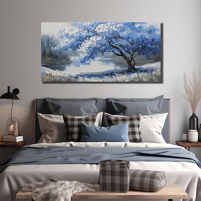 JuhaiArt Blue Wall Art White Picture Art Scenery Wall Decor Tree Wall Art Canvas for Living Room Bedroom Home Office Prints Gray Artwork 24" x 48"