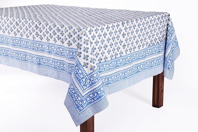 ATOSII Gulbahar Blue 100% Cotton Fall Rectangle Tablecloth, Handblock Print Floral Table Cloth for Kitchen Dining Linen I Thanksgiving Christmas Weddings Outdoors I 72 X 120 Inches I 10 Seater
