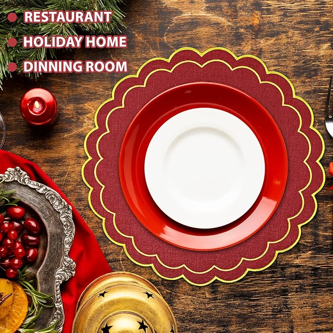 Set of 6 Christmas Round Placemats, 15 Inch Red Gold Christmas Cotton Linen Placemats with Scalloped Embroidery Edge Double Layered Washable Wrinkle Free Cloth Table Mats for Xmas Table Decor