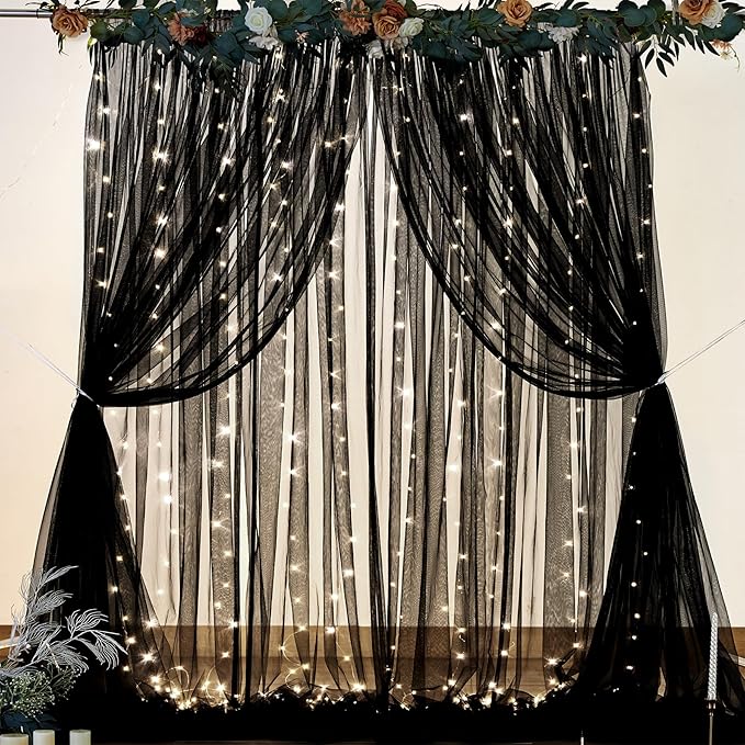 Black Backdrop Curtain Sheer Tulle Backdrop Curtain for Birthday Party Baby Shower Wedding Black Drapes for Backdrop for Photo Booth Photography Background Decorations 2 Panels 5ft X 10 ft