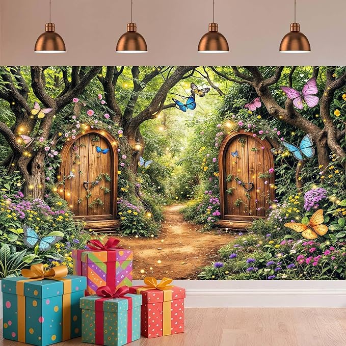 7X5ft Enchanted Forest Backdrop Fairy Tale Green Enchanted Garden Wonderland Floral Butterfly Photography Background for Kids Girl Baby Shower Birthday Party Decoration Banner Booth Props