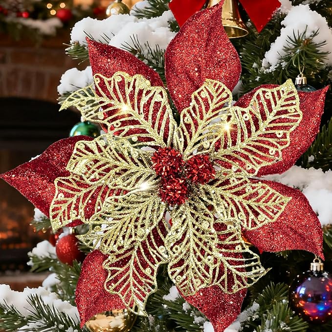 9'' Large Christmas Poinsettia Flowers, 4 Pcs Red Gold Glitter Artificial Christmas Tree Ornament Flowers Decorations with Clips for Xmas Tree Wreath Garland Wedding Party DIY Decor