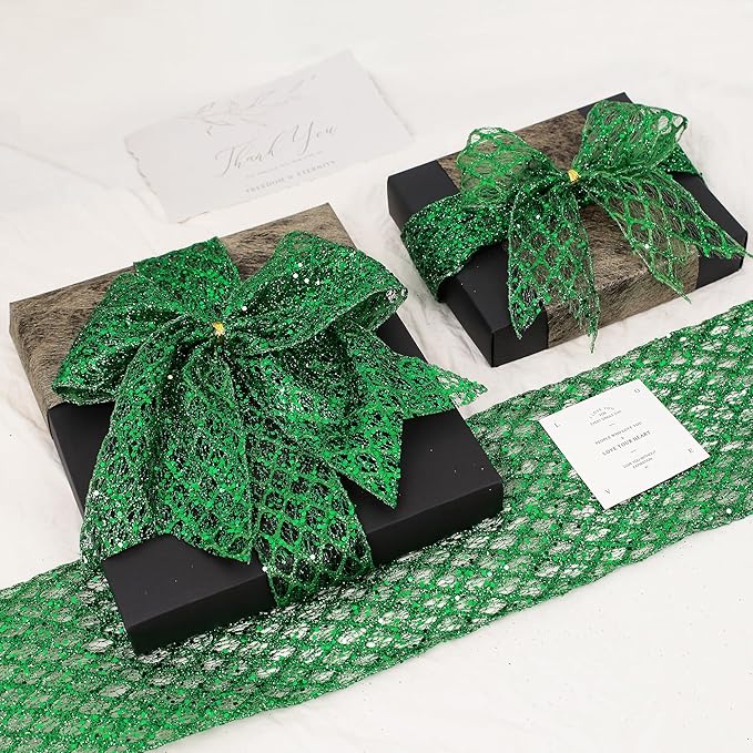 VATIN 2-1/2" Green Christmas Ribbon, Green Glitter Mesh Diamond Web Sequin Dots Wired Christmas Ribbon for Gift Wrapping Bow Making Wreath Supply-10 Yards