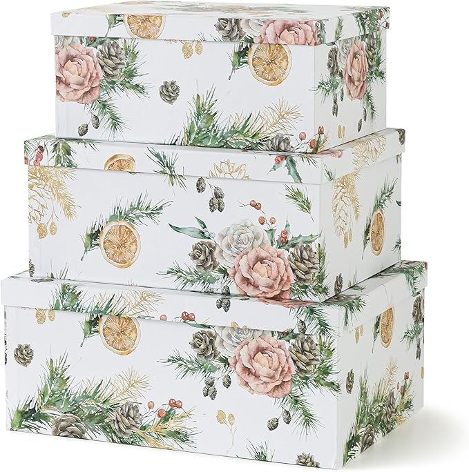 Soul & Lane Christmas Gift Box - Evergreen Ensemble - Set of 3: Holiday Themed Nesting Storage Boxes, Keepsake and Photo Boxes with Lids, Festive Decorative Cardboard Containers for Presents