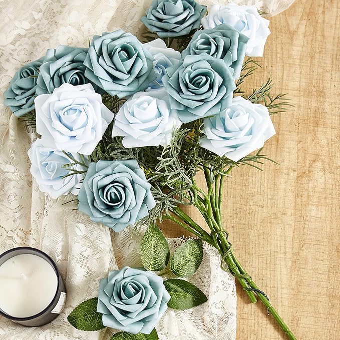 Artificial Flowers, 25pcs Blue Artificial Rose for DIY Wedding Bouquets Centerpieces Arrangements, Fake Flower with Stems for Party Home Decorations