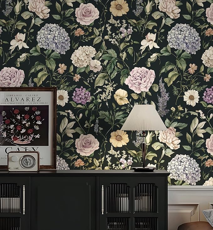 HeloHo Vintage Floral Peel and Stick Wallpaper Boho Contact Paper Dark Flower Self-Adhesive Removable Wallpaper Renter Friendly Botanical Wall Paper for Cabinets Bedroom Vinyl Rolls 17.3"x78.7"