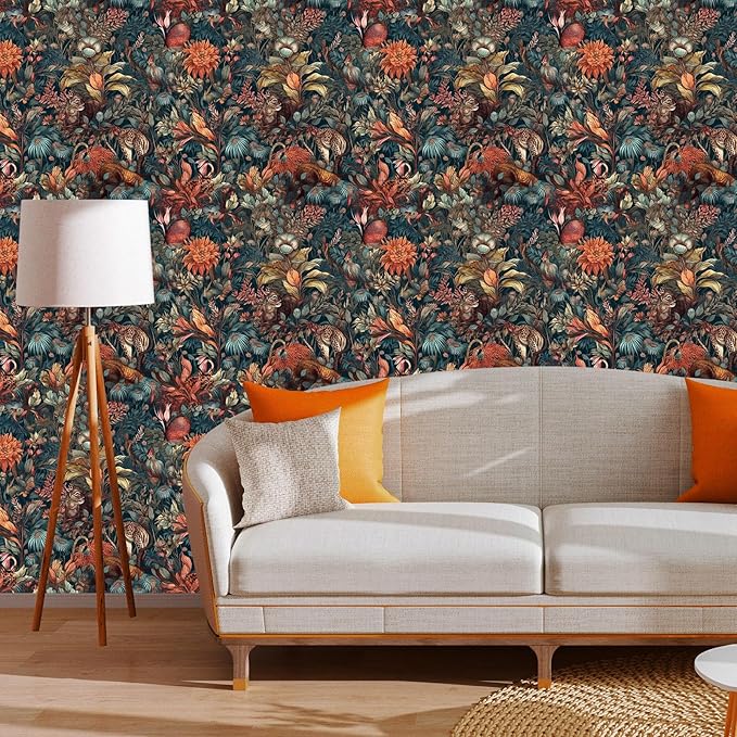 Vintage Floral Peel and Stick Wallpaper Mysterious Animal Forest Self Adhesive Removable Easy Peel Off Stick on Wall Paper for Bedroom Cabinet Renter Friendly 17.71"*118.1"