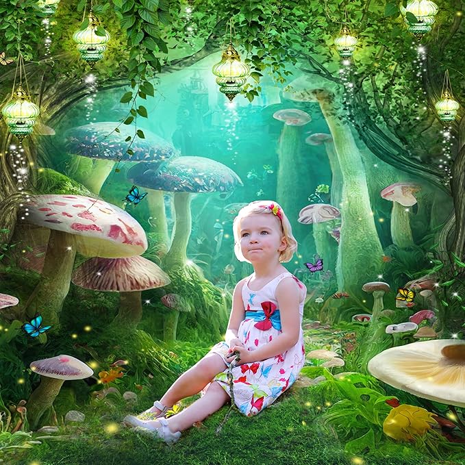 Riyidecor Enchanted Backdrop Polyester Fabric Greenery Garden Wonderland Fairy Tale Mushroom Butterfly Woodland Plant 5W*7H Feet Fantasy Photography Background Birthday Photo Studio Shoot