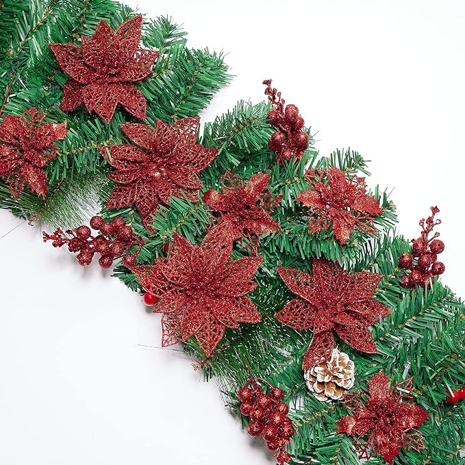 Zhuqing 22Pcs Christmas Poinsettia Artificial Flowers and Glitter Berries Stems Kit, 16Pcs Christmas Tree Flowers Ornaments and 6 Pack Christmas Tree Picks for Wedding Holiday Decorations (Red)