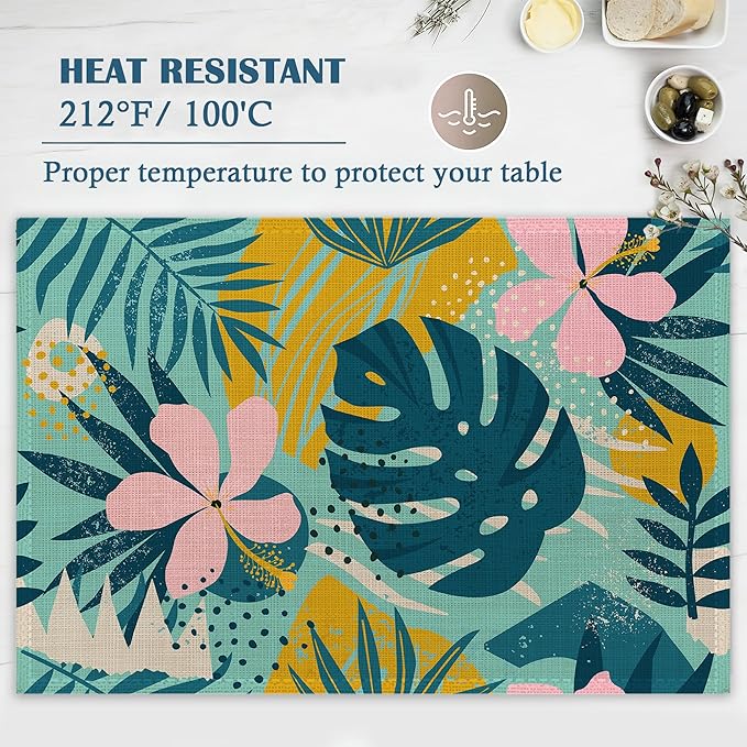Boho Foliage Botanical Placemats Set of 4, Tropical Palm Leaves and Floral Place Mats Heat Resistant Washable Non-Slip Table Mats for Party Kitchen Dining Decor 12x18 Inch
