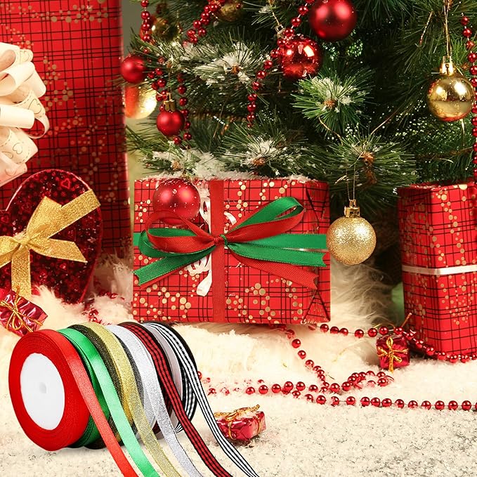6 Rolls Christmas Wrapping Ribbon 3/8 Inch x 150 Yards Glitter Fabric Holiday Festival Satin Plaid Ribbons for Wrapping Decoration Floral Bows Craft(Christmas)