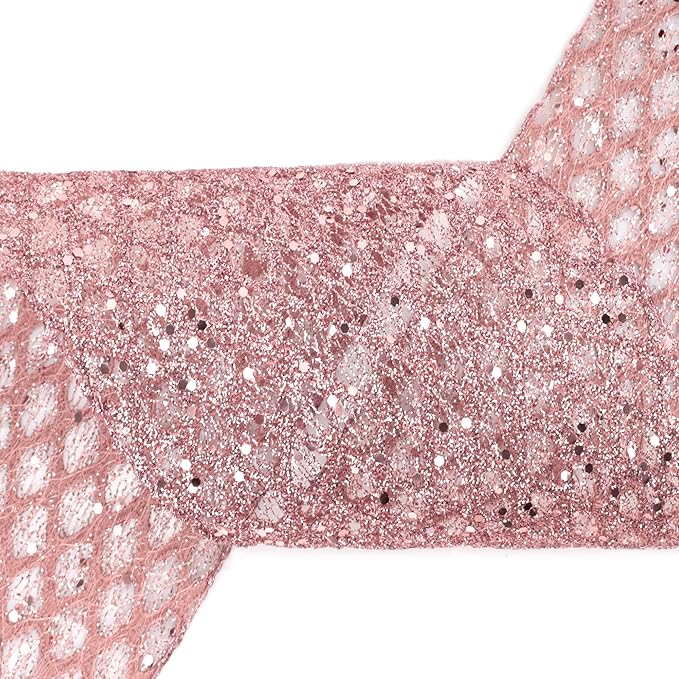 VATIN 6" Rose Gold Christmas Ribbon, Rose Gold Glitter Mesh Diamond Web Sequin Dots Wired Christmas Ribbon, Fall Ribbon for Gift Wrapping Bow Making Wreath Supply-10 Yards