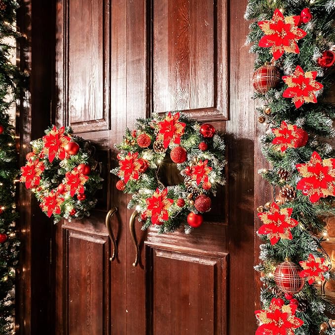 24 Christmas Glitter Artificial Poinsettia Flowers Xmas Poinsettia Artificial Wedding Flowers Decorations Xmas Tree Ornaments with Clips for Party Favors, 6 Inch, 4 Inch, 3 Inch (Red and Gold)