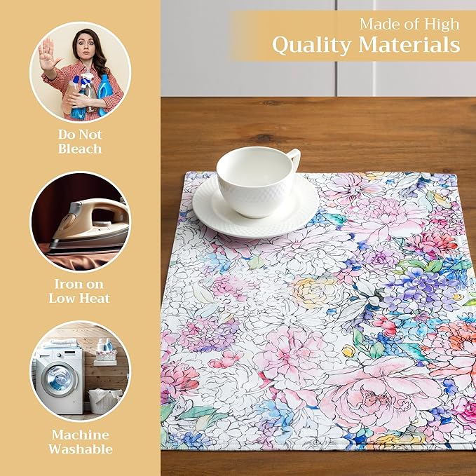 Maison d' Hermine Placemats Set of 4 100% Cotton Washable Cloth Place Mats, Reusable Table Mats for Kitchen Dining Decoration, Party, Wedding, Restaurant Spring/Summer (Floral Love, 13" x 19")