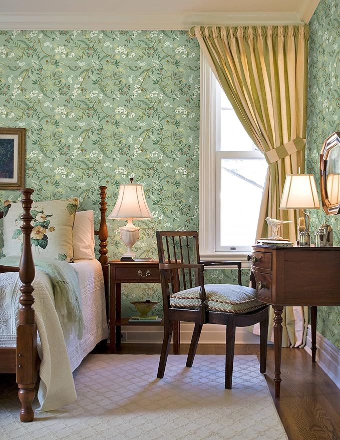 Guvana 16.14"x118"Floral and Leaf Wallpaper Floral Peel and Stick Wallpaper Leaves Contact Paper Colorful Flower Removable Wall Paper for Room Wall Decor(Light Green Background)