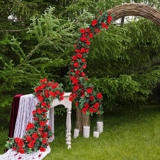 Aneco 8 Pack 64 FT Red Flower Garland Artificial Rose Vines Roses Fake Vine Flowers Plants Party Supplies for Holiday Wedding Garden Craft Art Decoration