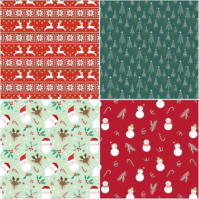 Hexablenzio Christmas Wrapping Paper Bulk Set of 4 Rolls (93 sq. ft. ttl) Santa Claus, Reindeer, Christmas Tree, Snowman Patterns for Holiday Gift Wrap - 17 inches x 16.5 feet Per Roll